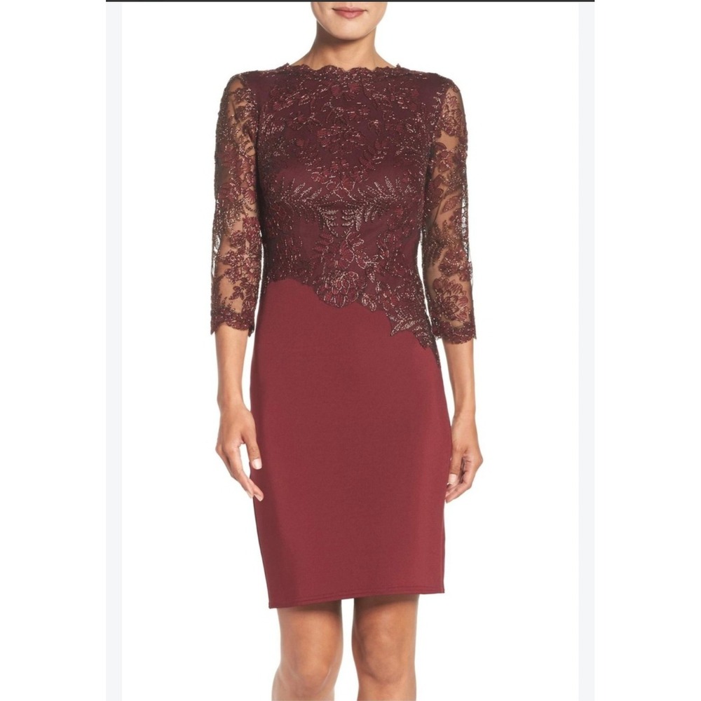 Tadashi Shoji Lace Embroidered Sheath Dress 2 Sheer Overlay Cocktail Raisin